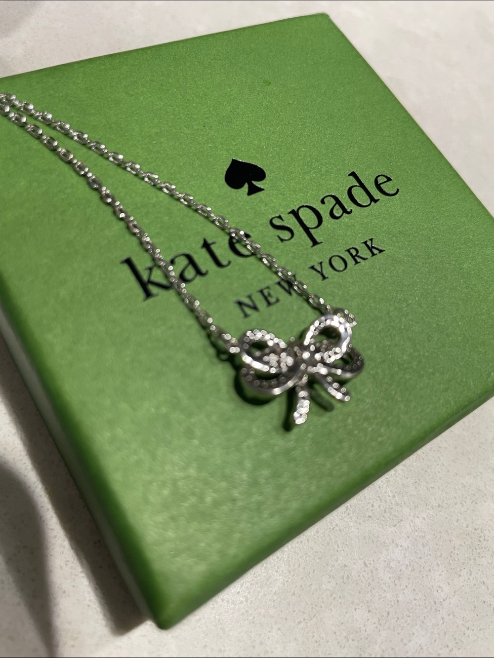 New Kate Spade Bow Meets Girl Pave Short Mini Pendant Necklace Silver with & box - Picture 12 of 14